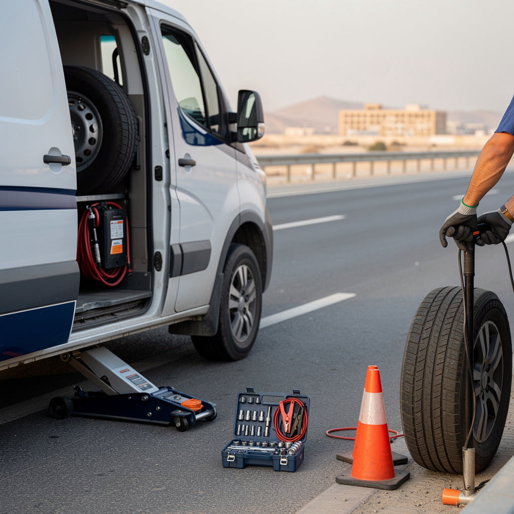 بنشر متنقل مكه المكرمه وضواحيها - مركبة الخدمة المتنقلة لإصلاح الإطارات والبطاريات في مكة المكرمة